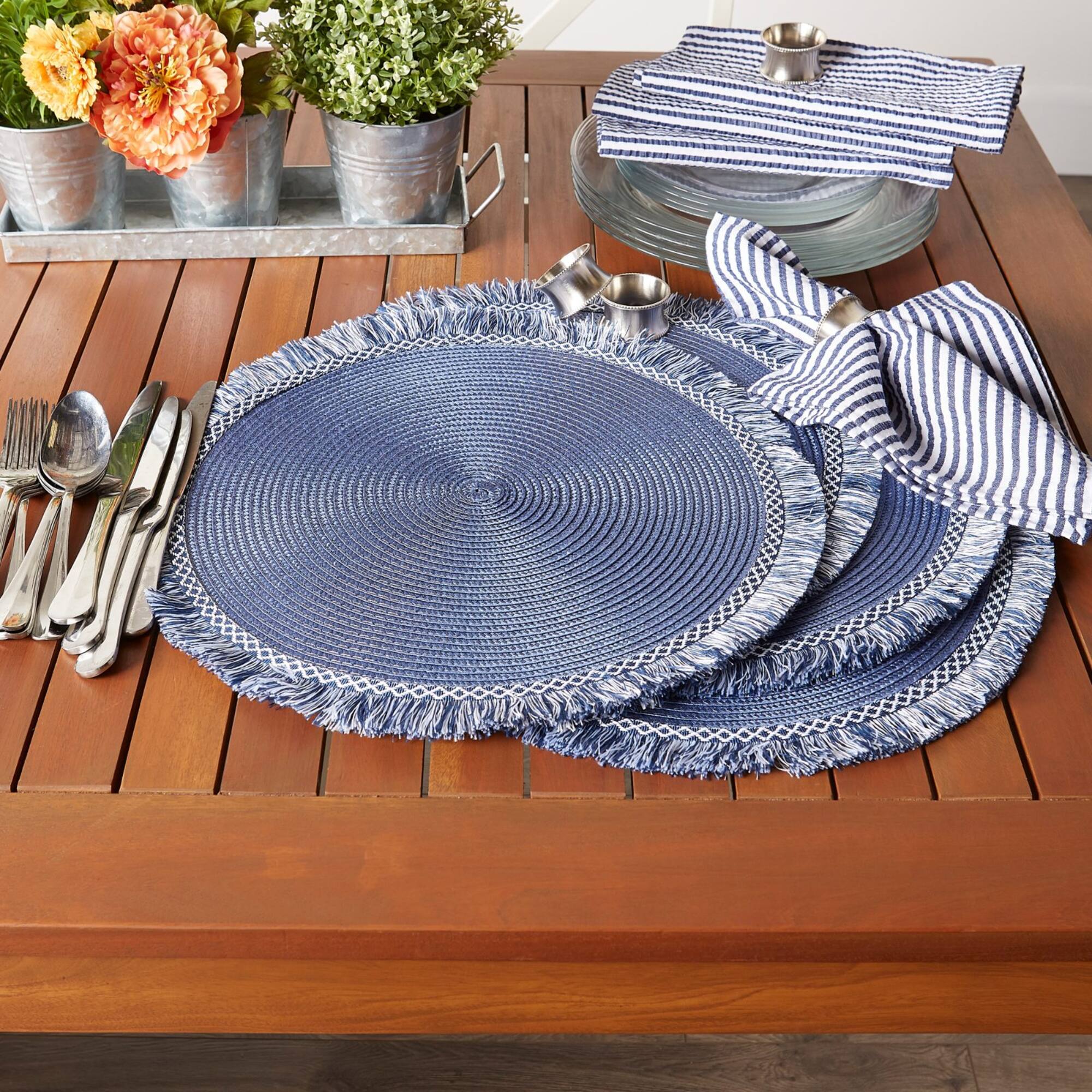 DII® 15" Round Nautical Blue Fringed Placemat Set, 6ct.